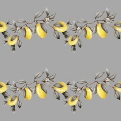 Yellow lemon branches pattern on soft gray background for versatile fabric and wallpaper designs