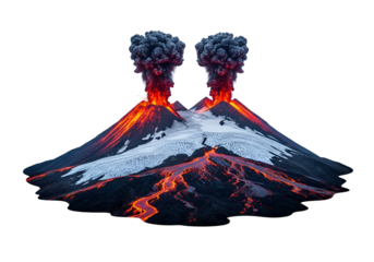 Dramatic symmetrical view of a volcanic eruption, showcasing fiery lava flows and billowing smoke plumes, against a stark black background.