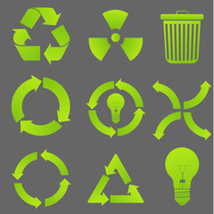 Green recycling symbols and related icons on a gray background.