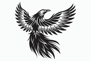 Stylized phoenix with spread wings is depicted in bold monochrome art