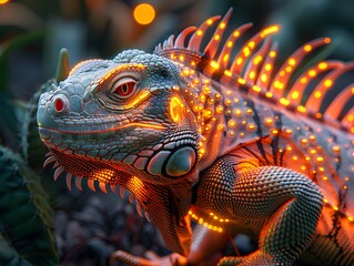 Fototapeta premium Neon iguana glowing with colorful patterned skin high resolution picture