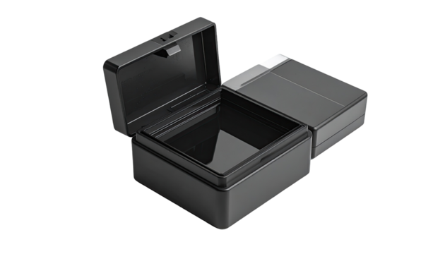 Gray box with lid open, showcasing a dark inner component