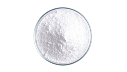 Round glass bowl filled with white powder