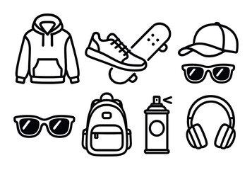 Trendy urban icons: hoodie, sneakers, skateboard, cap, sunglasses, backpack, spray paint, headphones