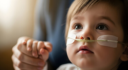 Young child with nasal cannula holding adult's hand, medical care