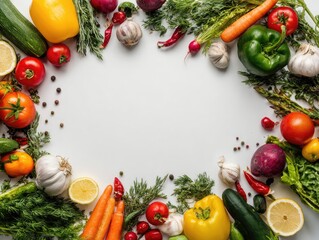 Colorful vegetables arranged in a frame around a blank space