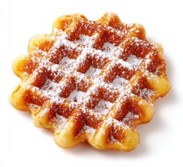 A single, round waffle, dusted with powdered sugar.  Golden-brown, crisp, and lattice-patterned.  Isolated against a white background