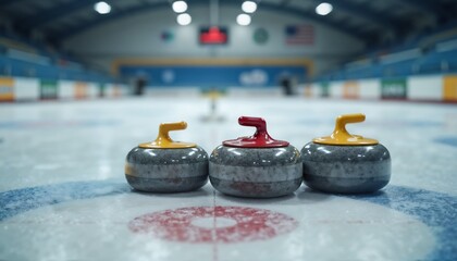 Curling Stones with Colorful Handles on Ice Rink for Sports Equipment Branding, Curling Team Promotions, and Athletic Events Announcements