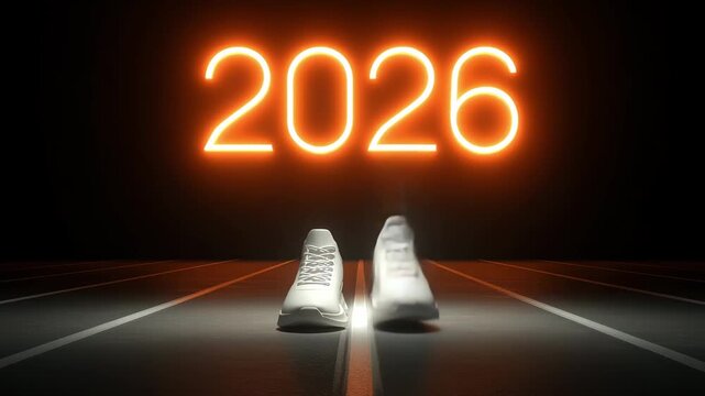 White running shoes are illuminated on a track with bright glowing numbers signaling the new year 2026