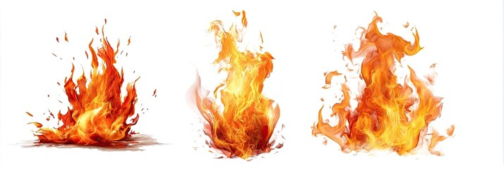 Three vibrant flames against a white background.  Orange and yellow flames splatter upwards in different formations