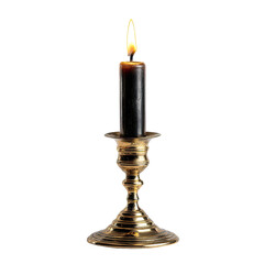 Golden candleholder with a dark-colored candle.  Flickering flame