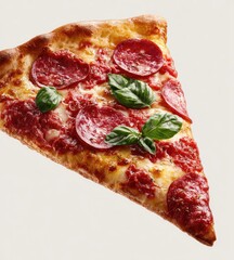 Close-up pizza slice with pepperoni and basil