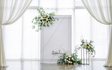 Fototapeta premium Elegant Geometric White Wedding Backdrop with Draped Curtains and White Floral Arrangements in a Sunlit Studio Setting