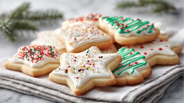 Festive Christmas sugar cookies with icing and sprinkles on linen napkin. festive dessert concept - Powered by Adobe