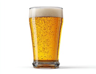 A tall, slender glass filled with light amber beer, topped with a head of thick, white foam.  Visible bubbles float on the surface.  Clean, studio shot against a white background