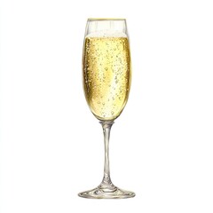 Champagne flute, filled with effervescent, golden liquid