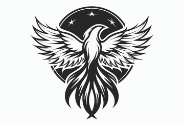 Majestic phoenix soars powerfully with wings extended against a black and white stellar backdrop