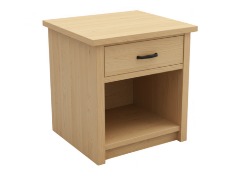 Wooden bedside table with drawer isolated on transparent background