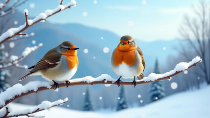 two birds on a branch in winter
