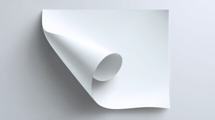 Blank White Paper Sheet with Corner Rolled Up on Light Gray Surface