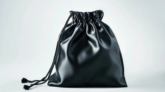 A close-up shot of a black drawstring bag sitting on a clean white background, ready for use