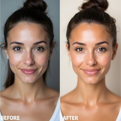 "Before and After portrait of  beautiful young women smiling together in a studio"