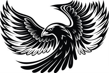 Fototapeta premium Stylish eagle soars gracefully with intricately designed wings in striking monochrome black against white