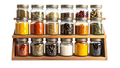 Wooden spice rack with glass jars