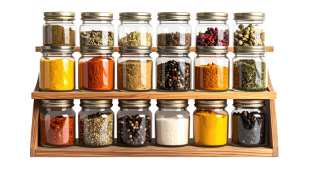 Wooden spice rack with glass jars