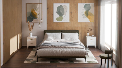 Scandinavian Autumn Bedroom Interior with Wooden Wall Panels and Cozy Decorations