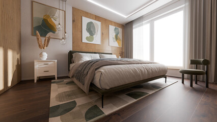 Scandinavian Autumn Bedroom Interior with Wooden Wall Panels and Cozy Decorations