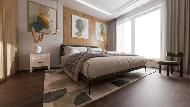 Scandinavian Autumn Bedroom Interior with Wooden Wall Panels and Cozy Decorations