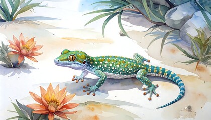 Gecko on sandy terrain with flowers