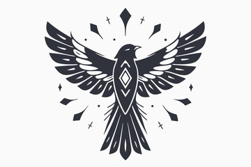 Raven soars, its wings spread wide amid celestial star shapes in black silhouette