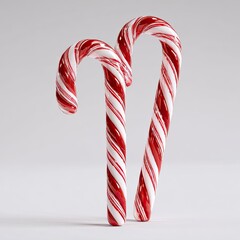 Two candy canes, red and white, spiral design, glossy finish,  against a neutral background