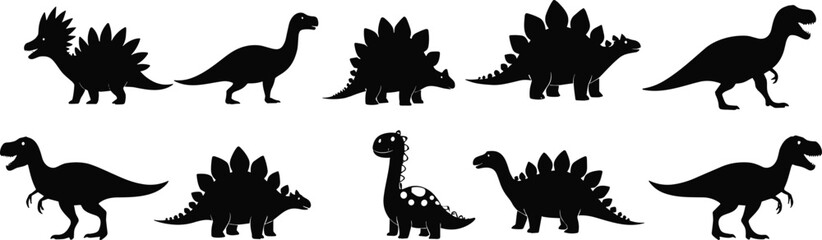 Silhouette dinosaur vector collection, prehistoric animal clipart, black Jurassic creatures illustration, stegosaurus brontosaurus tyrannosaurus cartoon graphics, cute dino decoration design art © Vector Sifat