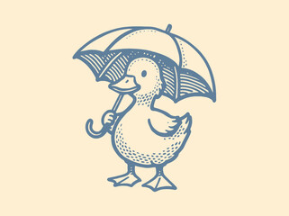 Duck holding umbrella engraving vintage style vector illustration