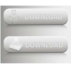Two white 3D style download buttons with embossed text and icons.