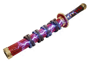 A magnificent katana, adorned with vibrant red gems, showcasing powerful energy discharges, creating a striking visual impact.