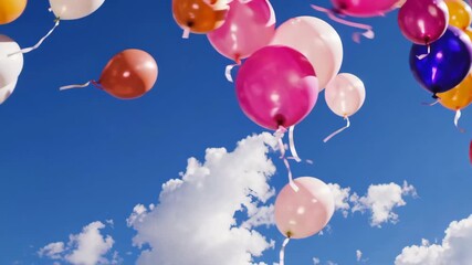 Colorful balloons floating in bright blue sky with fluffy white clouds, joyful and playful atmosphere perfect for celebrations, parties and summer happiness - Powered by Adobe
