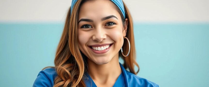 Friendly healthcare worker in blue scrubs smiles warmly, empathy, clinic