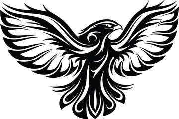 Striking monochrome eagle shows intricately designed feather patterns while soaring powerfully with outstretched wings