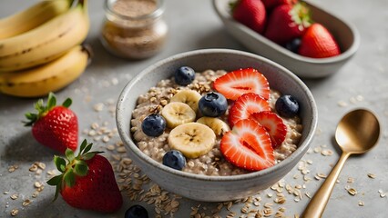 healthy oatmeal bowl with fresh berries and bananas