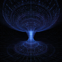 Futuristic glowing blue tunnel with digital grid lines, abstract wormhole concept, technology and science fiction background, mysterious and dynamic energy flow