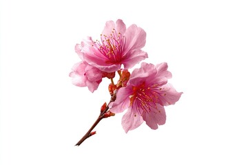 Close-up of three delicate pink blossoms on a branch, isolated against white
