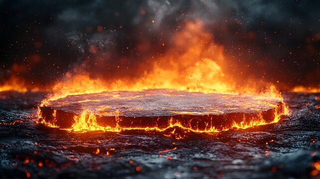 Blank circular podium emerging from a fiery molten lava field with intense erupting flames and dramatic smoke - Powered by Adobe