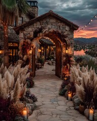 Scenic countryside view behind bohemian wedding arch high resolution picture