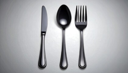 Elegant Black Cutlery Set: Knife, Spoon, and Fork on White Background