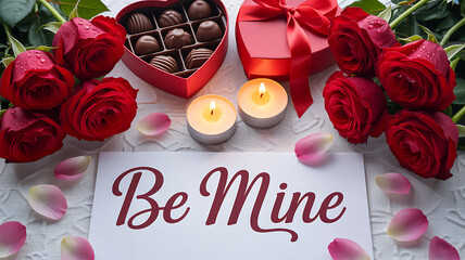 Romantic valentines day scene with roses chocolates candles and love message