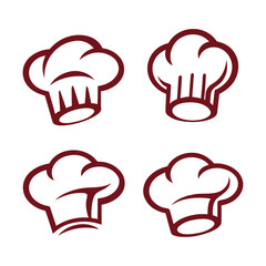 Four Stylized Chef Hats in Maroon Outline on White Background